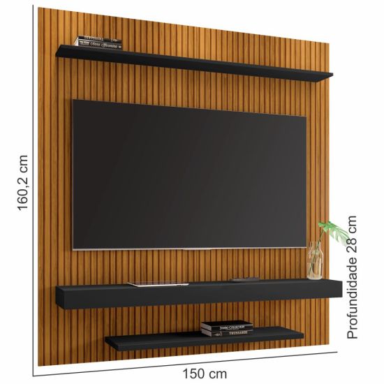 Painel Suspenso Bechara Leme com pintura 3D largura de 1,50 metro para TV de ate 60 polegadas Naturalle Preto Fosco