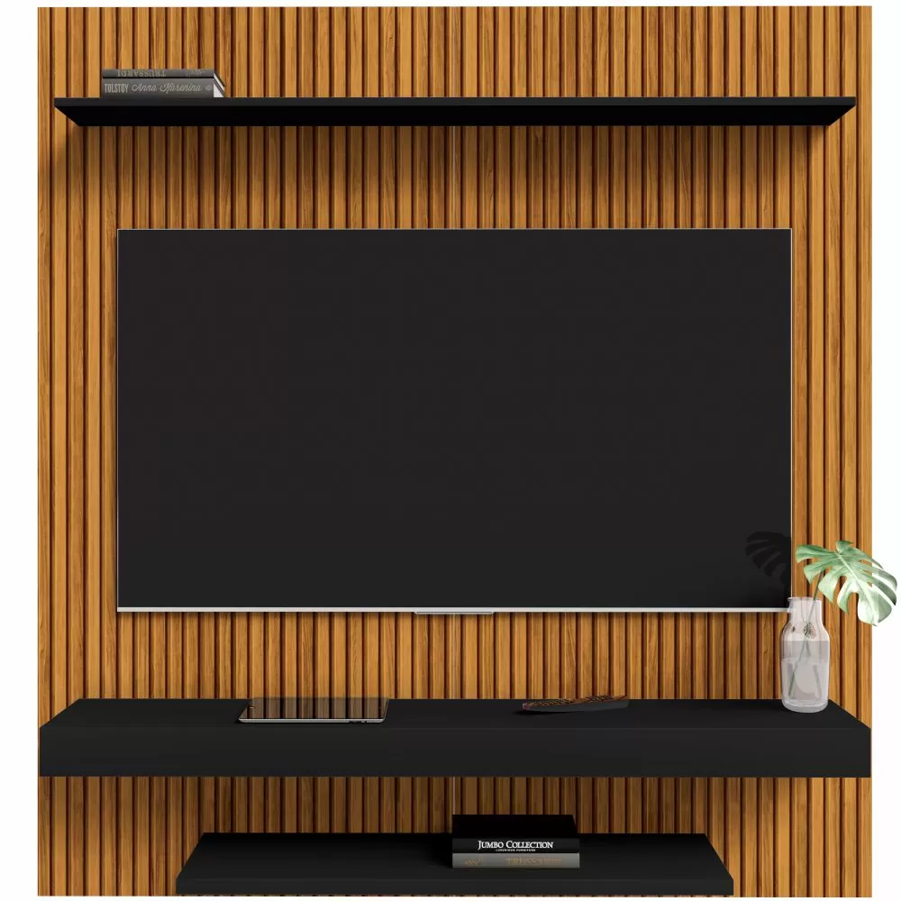 Painel Suspenso Bechara Leme com pintura 3D largura de 1,50 metro para TV de ate 60 polegadas Naturalle Preto Fosco