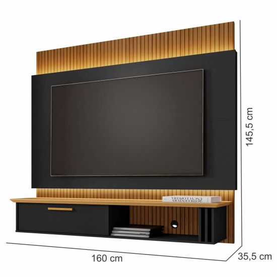 Painel Suspenso Bechara Paris com LED pintura 3D largura de 1,60 metro para TV de até 65 polegadas Preto Fosco/Cinamomo