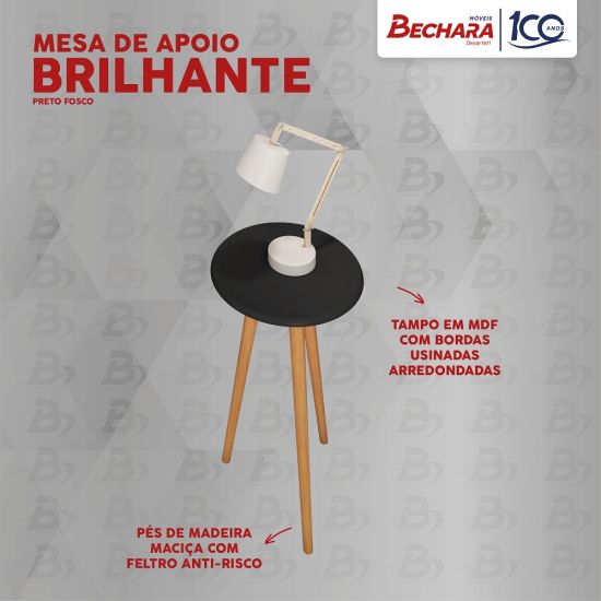 Mesa de Apoio Bechara Brilhante com pés de madeira maciça Preto Fosco