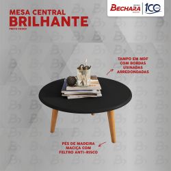 Mesa Centro Bechara Redonda com pés palito de madeira maciça Preto Fosco