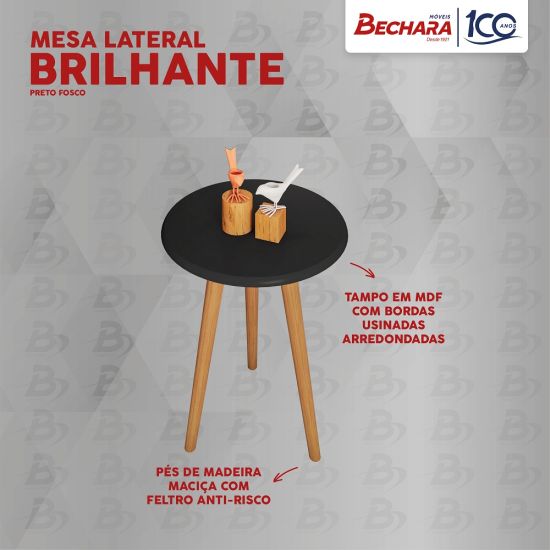 Mesa Lateral Bechara redonda com pés palito de madeira maciça Preto fosco 