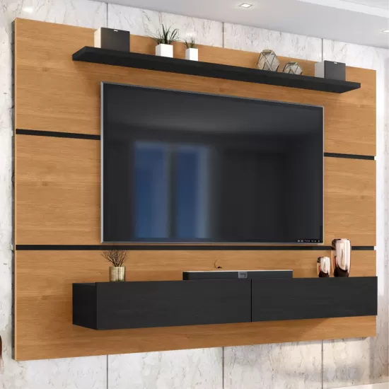 Painel Home Zanzini Arezzo Norton para TV de 60 polegadas 2 portas com Largura 180 cm Cinamomo Preto Fosco