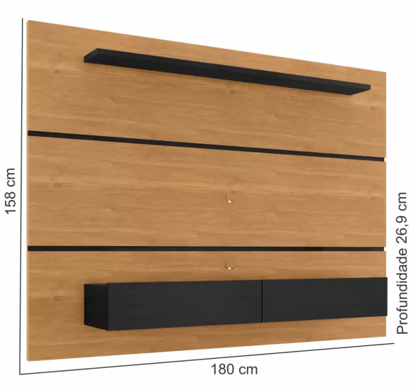 Painel Home Zanzini Arezzo Norton para TV de 60 polegadas 2 portas com Largura 180 cm Cinamomo Preto Fosco
