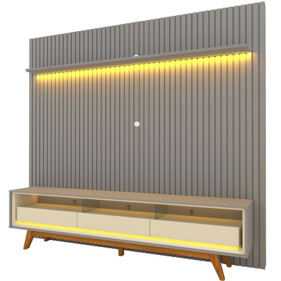 Painel Gelius Nobre com ripas autênticas e Rack requinte com LED 100% MDF largura 230 cm para TV de 85 polegadas Cinza/OFF White