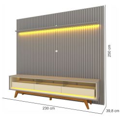 Painel Gelius Nobre com ripas autênticas e Rack requinte com LED largura 230 cm para TV de 85 polegadas Cinza/OFF White