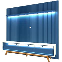 Painel Gelius Nobre com ripas autênticas e Rack requinte com LED largura 230 cm para TV de 85 polegadas Azul Royal/OFF White