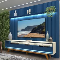 Painel Gelius Nobre com ripas autênticas e Rack requinte com LED largura 230 cm para TV de 85 polegadas Azul Royal/OFF White