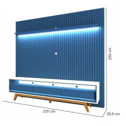 Painel Gelius Nobre com ripas autênticas e Rack requinte com LED largura 230 cm para TV de 85 polegadas Azul Royal/OFF White