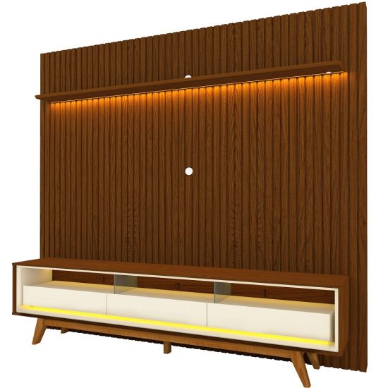 Painel Gelius Nobre com ripas autênticas e Rack requinte com LED largura 230 cm para TV de 85 polegadas Castanho/OFF White