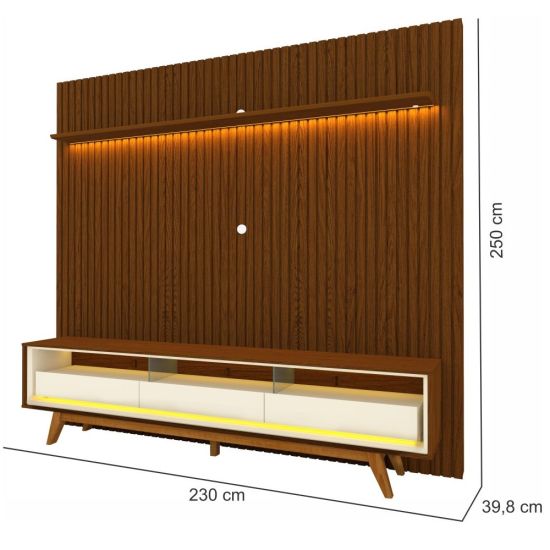 Painel Gelius Nobre com ripas autênticas e Rack requinte com LED largura 230 cm para TV de 85 polegadas Castanho/OFF White