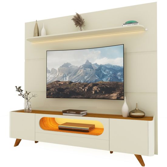 Painel Gelius Royal e Rack Nobre com LED para TV de até 85 polegadas pés de madeira OFF White/Naturalle