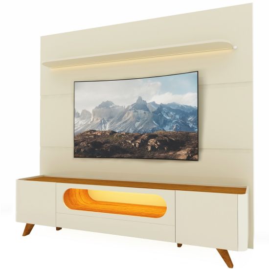 Painel Gelius Royal e Rack Nobre 100% MDF com LED para TV de até 85 polegadas pés de madeira OFF White/Naturalle