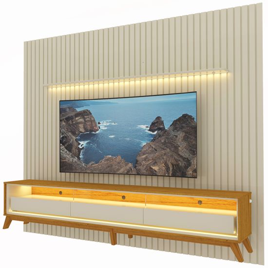 Painel Gelius Nobre com ripas autênticas e Rack requinte com LED largura 275 cm para TV de 85 polegadas OFF White/Naturalle