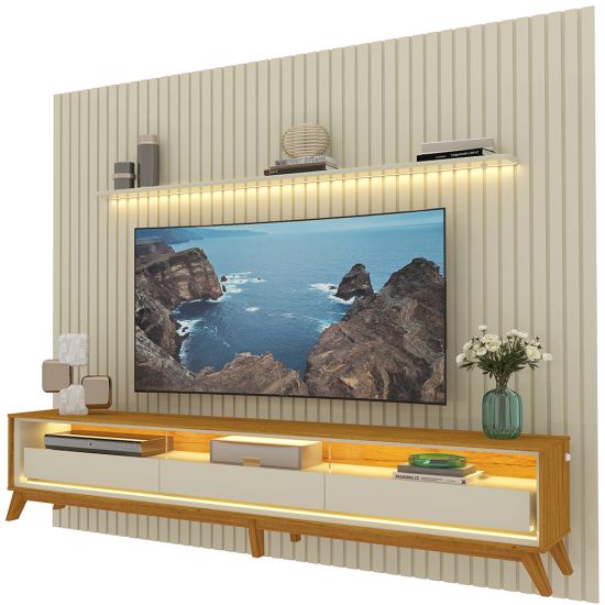 Painel Gelius Nobre com ripas autênticas e Rack requinte com LED largura 275 cm para TV de 85 polegadas OFF White/Naturalle