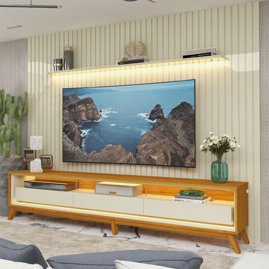 Painel Gelius Nobre com ripas autênticas e Rack requinte com LED largura 275 cm para TV de 85 polegadas OFF White/Naturalle