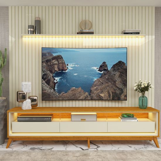 Painel Gelius Nobre com ripas autênticas e Rack requinte com LED largura 275 cm para TV de 85 polegadas OFF White/Naturalle