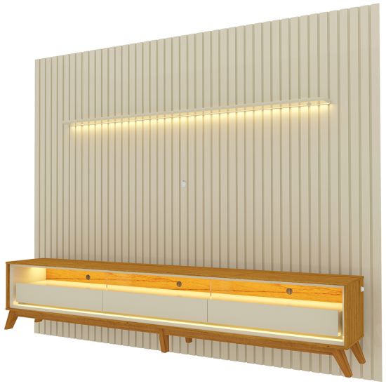 Painel Gelius Nobre com ripas autênticas e Rack requinte 100% MDF com LED largura 275 cm para TV de 85 polegadas OFF White/Naturalle