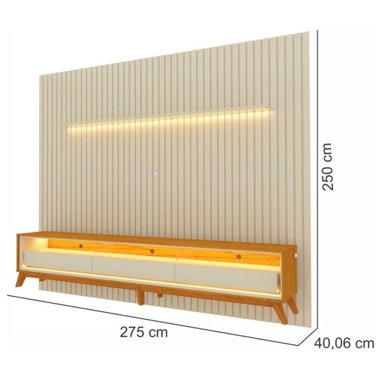 Painel Gelius Nobre com ripas autênticas e Rack requinte 100% MDF com LED largura 275 cm para TV de 85 polegadas OFF White/Naturalle