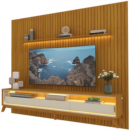 Painel Gelius Nobre com ripas autênticas e Rack requinte com LED largura 275 cm para TV de 85 polegadas Naturalle/OFF White