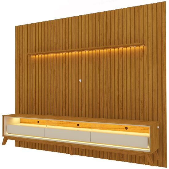 Painel Gelius Nobre com ripas autênticas e Rack requinte com LED largura 275 cm para TV de 85 polegadas Naturalle/OFF White