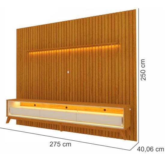 Painel Gelius Nobre com ripas autênticas e Rack requinte 100% MDF  com LED largura 275 cm para TV de 85 polegadas Naturalle/OFF White