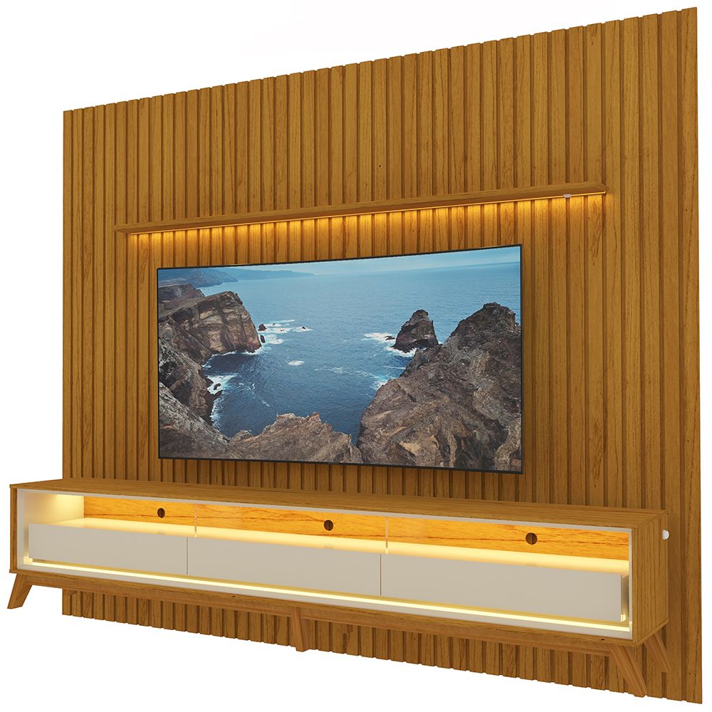 Painel Gelius Nobre com ripas autênticas e Rack requinte 100% MDF  com LED largura 275 cm para TV de 85 polegadas Naturalle/OFF White