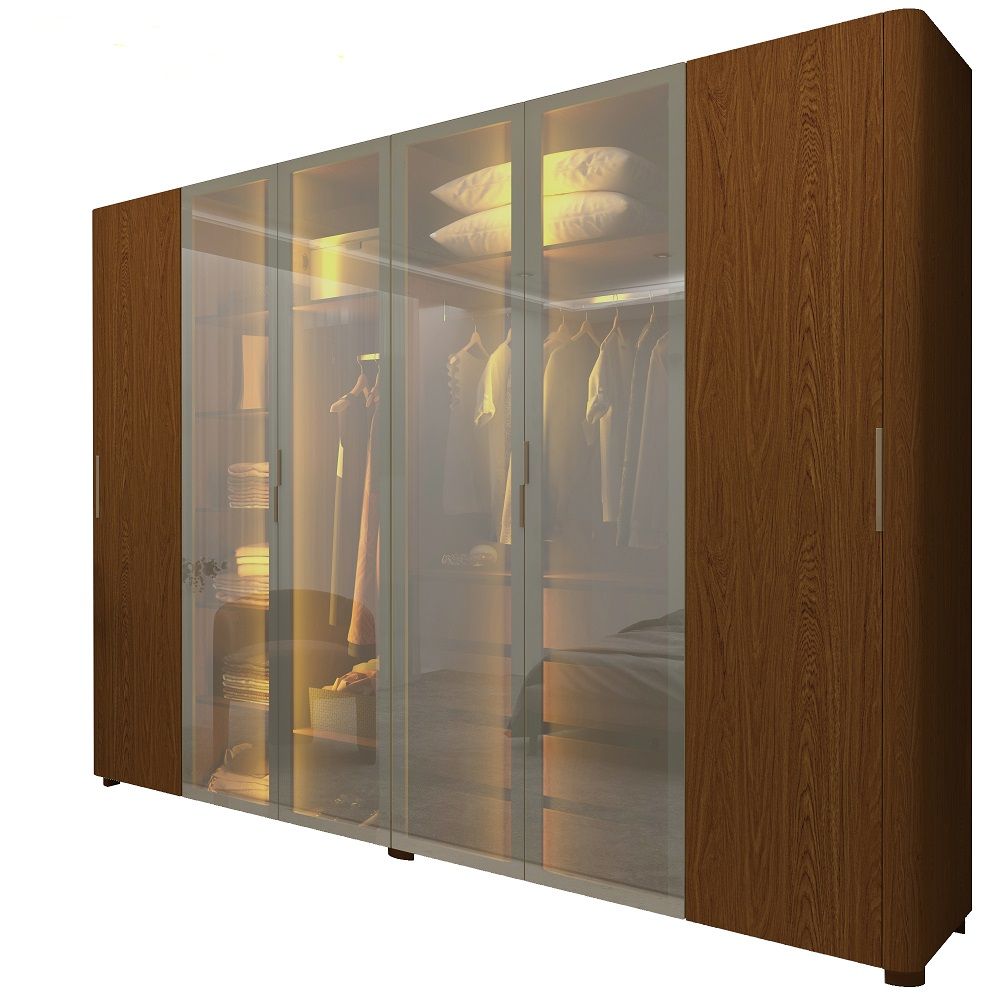 Guarda Roupa de Casal Gelius Innova 100% MDF com 250 cm de Largura 6 portas com 4 portas de vidro reflecta 4 gavetas com pés e LED Castanho