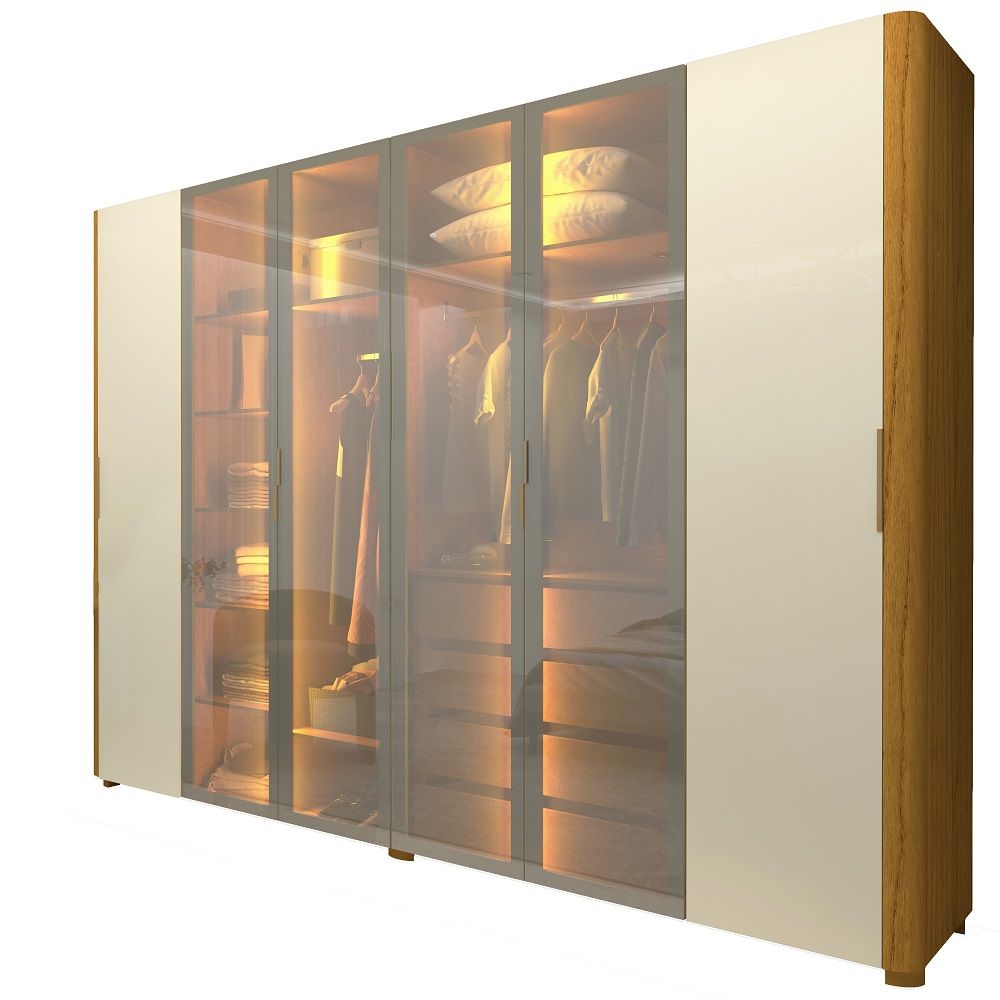 Guarda Roupa de Casal Gelius Innova 100% MDF com 250 cm de Largura 6 portas com 4 portas de vidro reflecta 4 gavetas com pés e LED Naturale OFF White