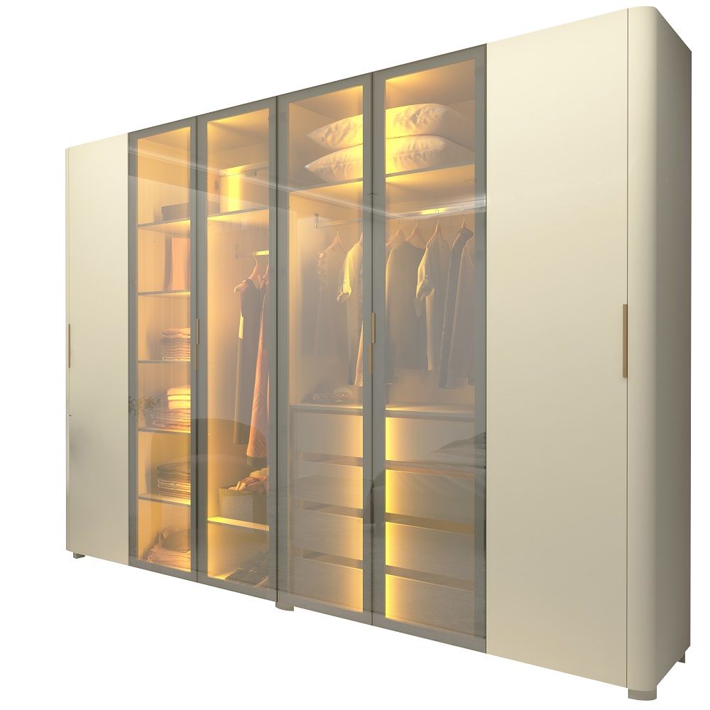 Guarda Roupa de Casal Gelius Innova 100% MDF com  250 cm de Largura 6 portas com 4 portas de vidro reflecta 4 gavetas com pés e LED OFF White