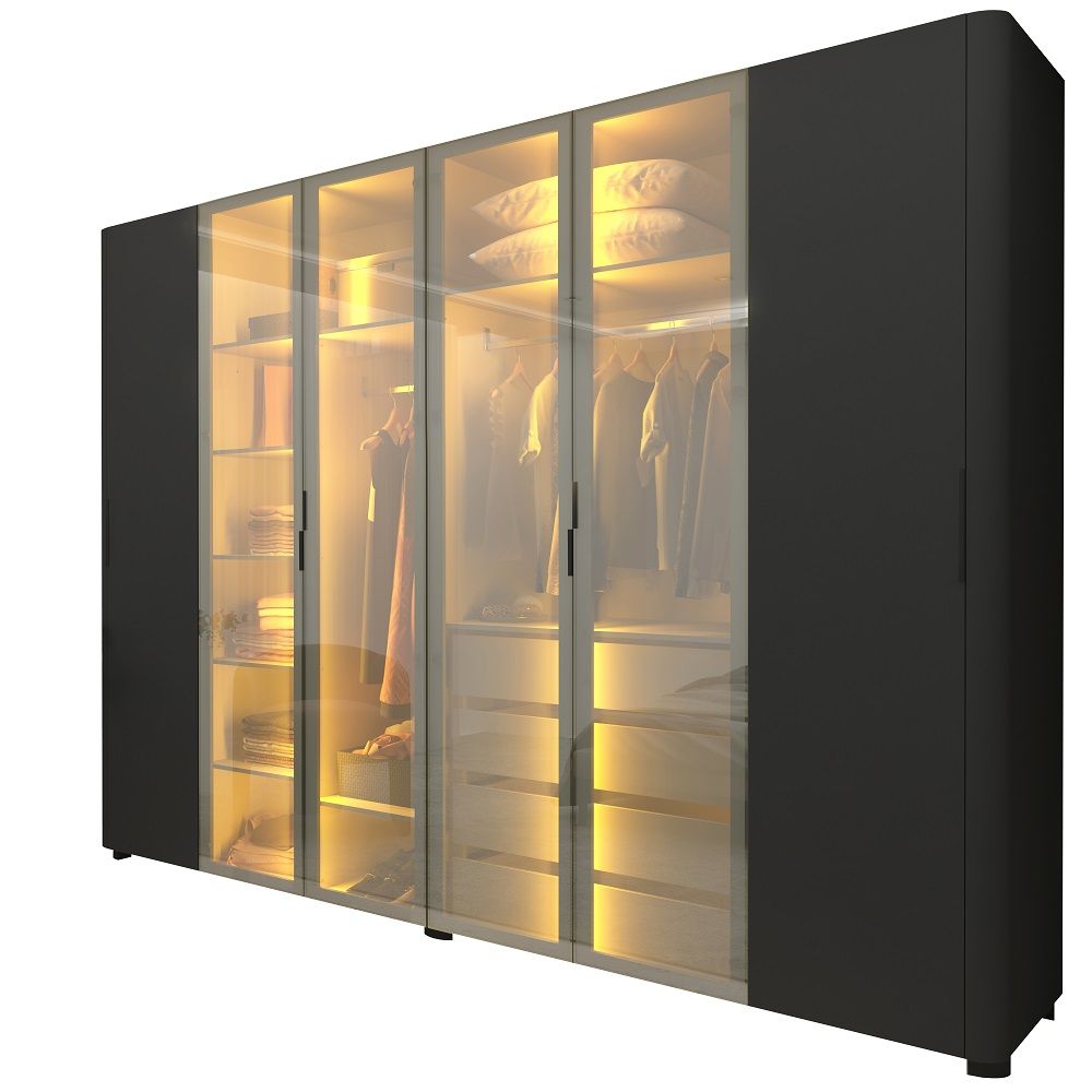 Guarda Roupa de Casal Gelius Innova 100% MDF com 250 cm de Largura 6 portas com 4 portas de vidro reflecta 4 gavetas com pés e LED Preto Acetinado