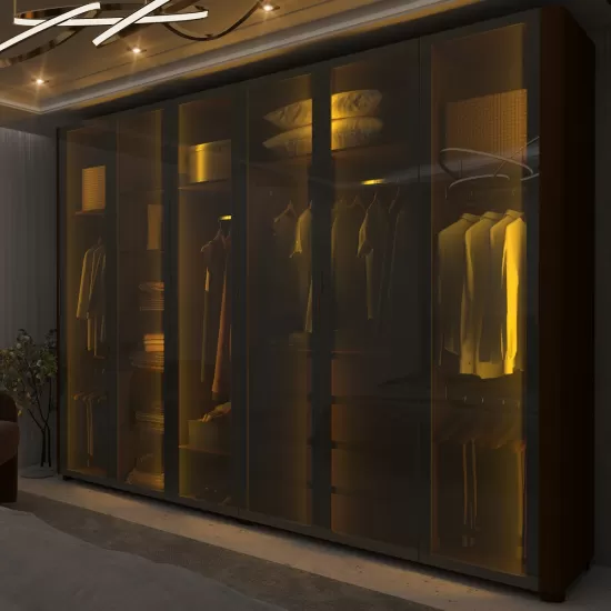 Guarda Roupa de Casal Gelius Innova 100% MDF com  250 cm de Largura 6 portas com 6 portas de vidro reflecta 4 gavetas com pés e LED Castanho