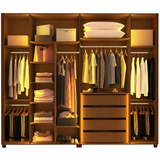 Guarda Roupa de Casal Gelius Innova 100% MDF com  250 cm de Largura 6 portas com 6 portas de vidro reflecta 4 gavetas com pés e LED Castanho