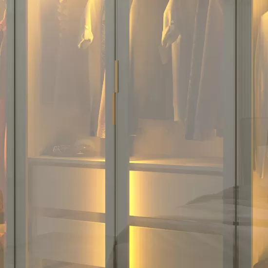 Guarda Roupa de Casal Gelius Innova 100% MDF com  250 cm de Largura 6 portas com 6 portas de vidro reflecta 4 gavetas com pés e LED Castanho