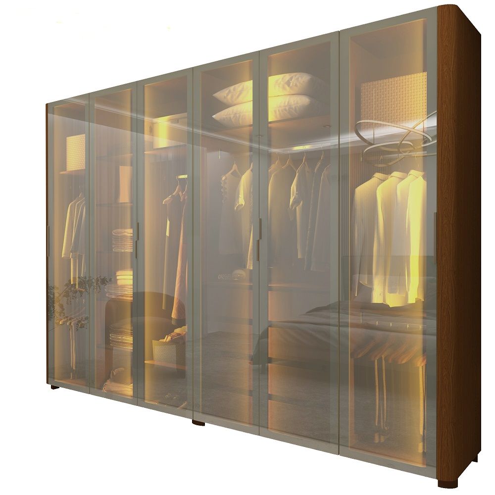 Guarda Roupa de Casal Gelius Innova 100% MDF com  250 cm de Largura 6 portas com 6 portas de vidro reflecta 4 gavetas com pés e LED Castanho