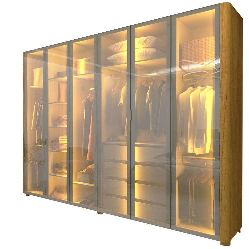 Guarda Roupa de Casal Gelius Innova 100% MDF com 250 cm de Largura 6 portas com 6 portas de vidro reflecta 4 gavetas com pés e LED Naturale