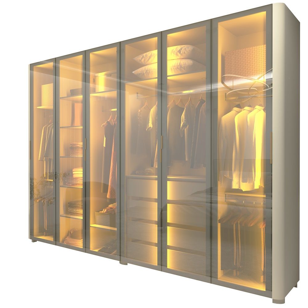 Guarda Roupa de Casal Gelius Innova 100% MDF com 250 cm de Largura 6 portas com 6 portas de vidro reflecta 4 gavetas com pés e LED OFF White