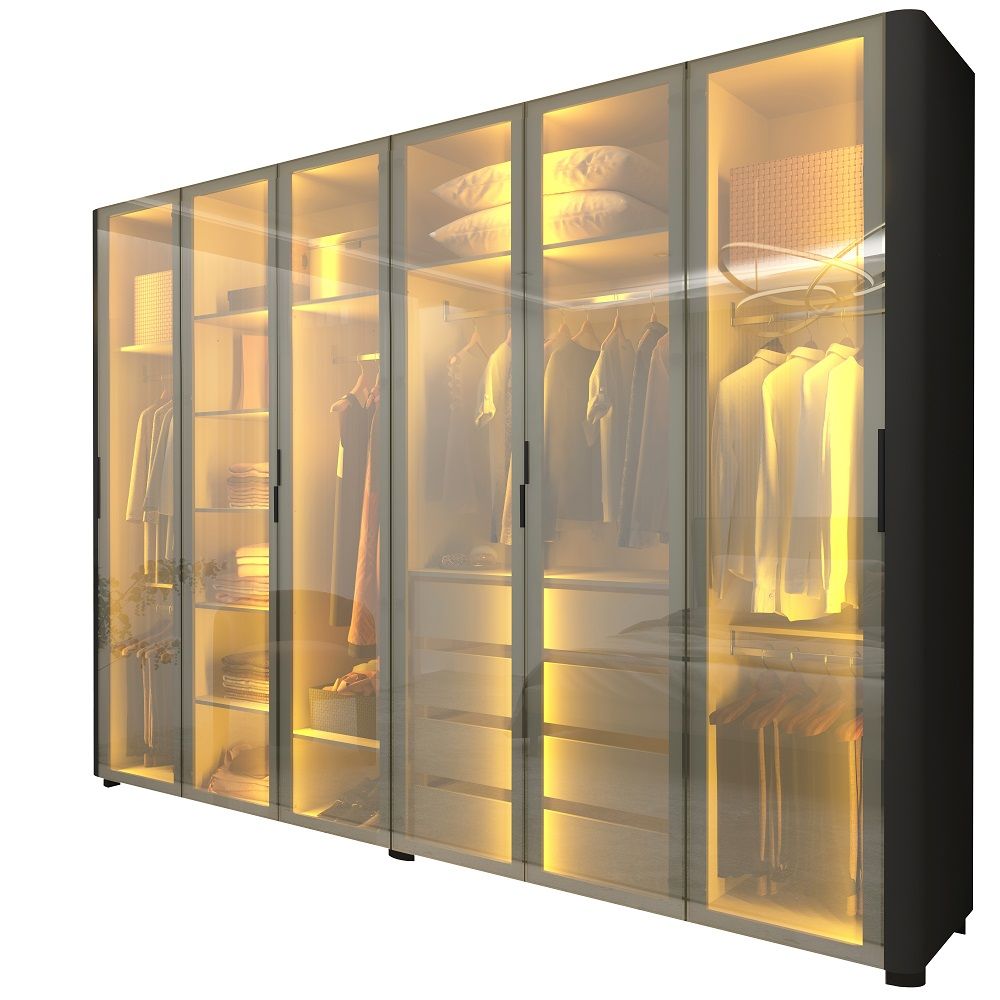 Guarda Roupa de Casal Gelius Innova 100% MDF com  250 cm de Largura 6 portas com 6 portas de vidro reflecta 4 gavetas com pés e LED Preto Acetinado