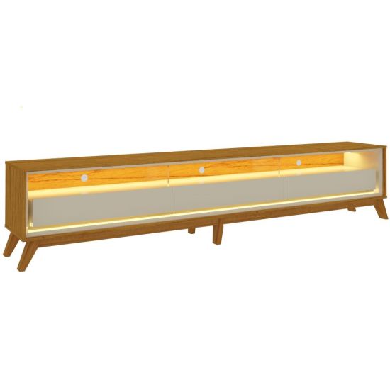 Rack Bancada para TV de 85” Gelius Requinte 100% MDF largura 260 100% MDF com 03 gavetas LED e pés de madeira Naturale OFF White