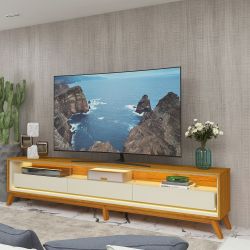 Rack Bancada para TV de 85” Gelius Requinte 100% MDF largura 260 100% MDF com 03 gavetas LED e pés de madeira Naturale OFF White