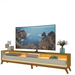 Rack Bancada para TV de 85” Gelius Requinte 100% MDF largura 260 100% MDF com 03 gavetas LED e pés de madeira Naturale OFF White