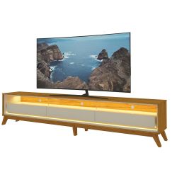 Rack Bancada para TV de 85” Gelius Requinte 100% MDF largura 260 100% MDF com 03 gavetas LED e pés de madeira Naturale OFF White