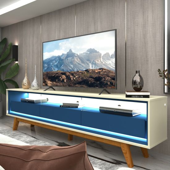 Rack Bancada para TV de 85” Gelius Requinte 100% MDF com 03 gavetas LED e pés de madeira Azul Royal OFF White