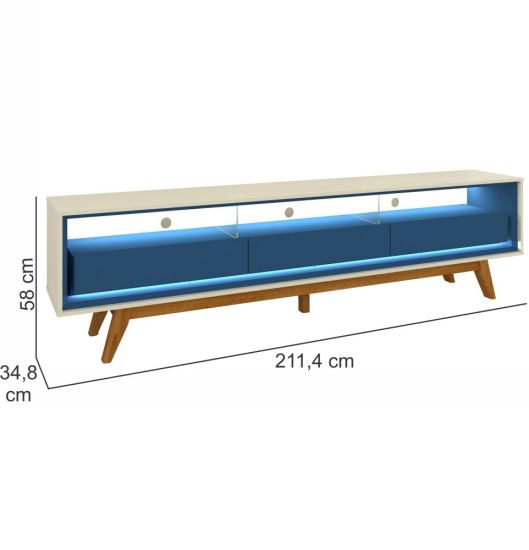 Rack Bancada para TV de 85” Gelius Requinte 100% MDF com 03 gavetas LED e pés de madeira Azul Royal OFF White