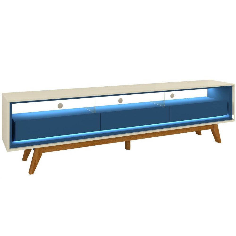 Rack Bancada para TV de 85” Gelius Requinte 100% MDF com 03 gavetas LED e pés de madeira Azul Royal OFF White