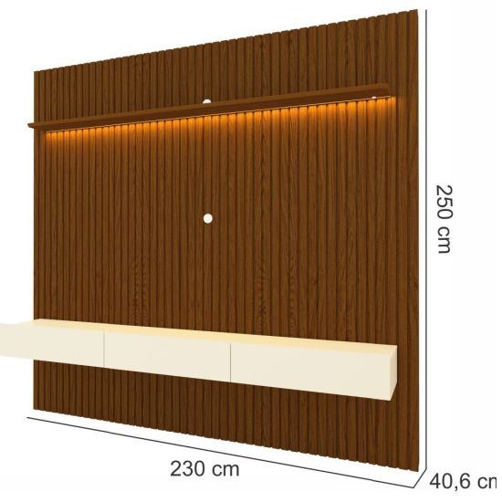 Painel Home Gelius Nobre Ripado com ripas autênticas 100% MDF largura de 230 cm para TV de até 85 polegadas Castanho/OFF White