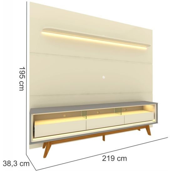 Painel Gelius Royal com Rack Requinte 100% MDF largura de 220 cm para TV de até 85 polegadas com pés de madeira OFF White/Cinza-OFF White
