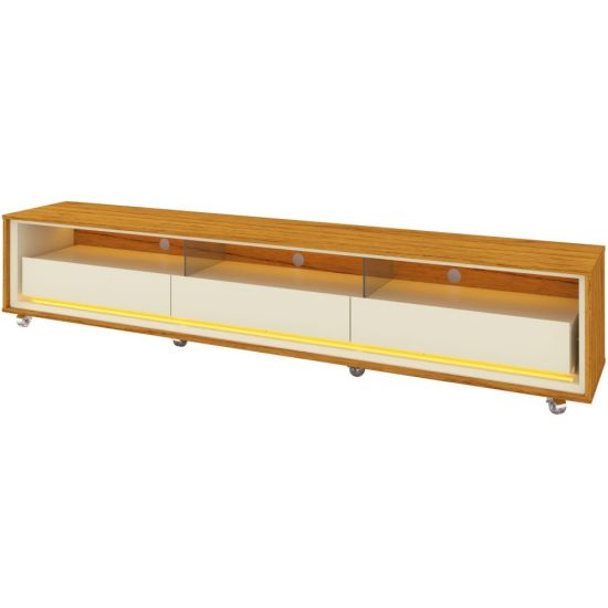 Rack Bancada para TV de 85” Gelius Requinte 212 com Largura de 211,4 cm 03 gavetas LED e pés de rodízios  100% MDF Naturale OFF White 