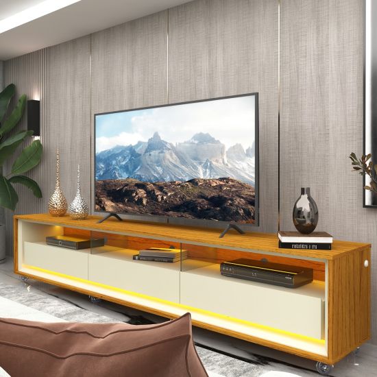 Rack Bancada para TV de 85” Gelius Requinte 212 com 03 gavetas LED e pés de rodízios  100% MDF Naturale OFF White 