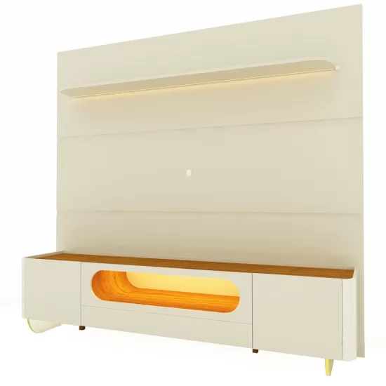 Painel Gelius Royal e Rack Nobre com LED para TV de até 85 polegas largura de 220 cm pés de vidro OFF White/Naturalle